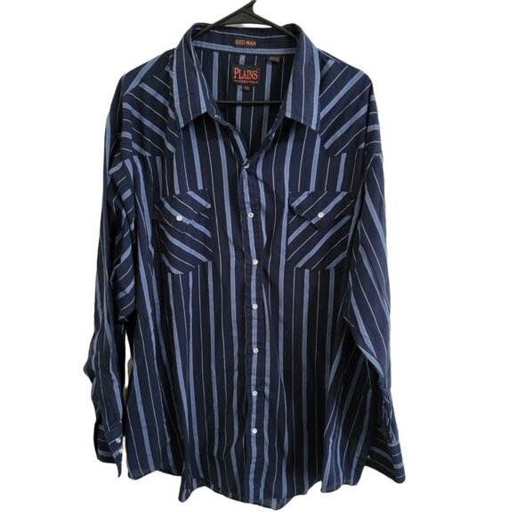 Plains Pearl Snap Western Shirt Mens Size 3XL Blue Long Sleeve Striped Big Man - Picture 1 of 3